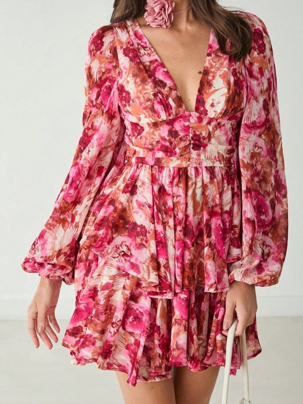 Hot Pink Boho Women's V-Neck Long Sleeve Floral Allover Print Short Casual Dress - Picture 6 of 10